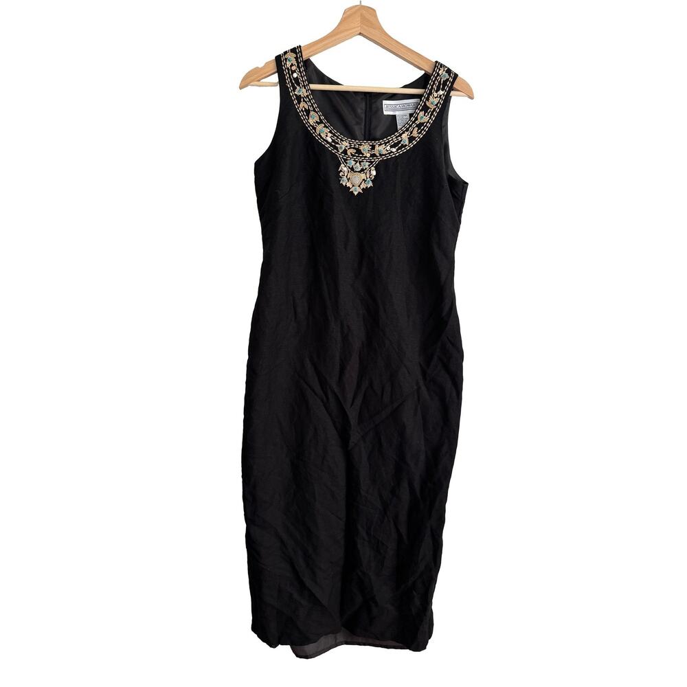 Jessica Howard Black Embroidered Linen Dress Women's 10 Sleeveless Coastal Chic